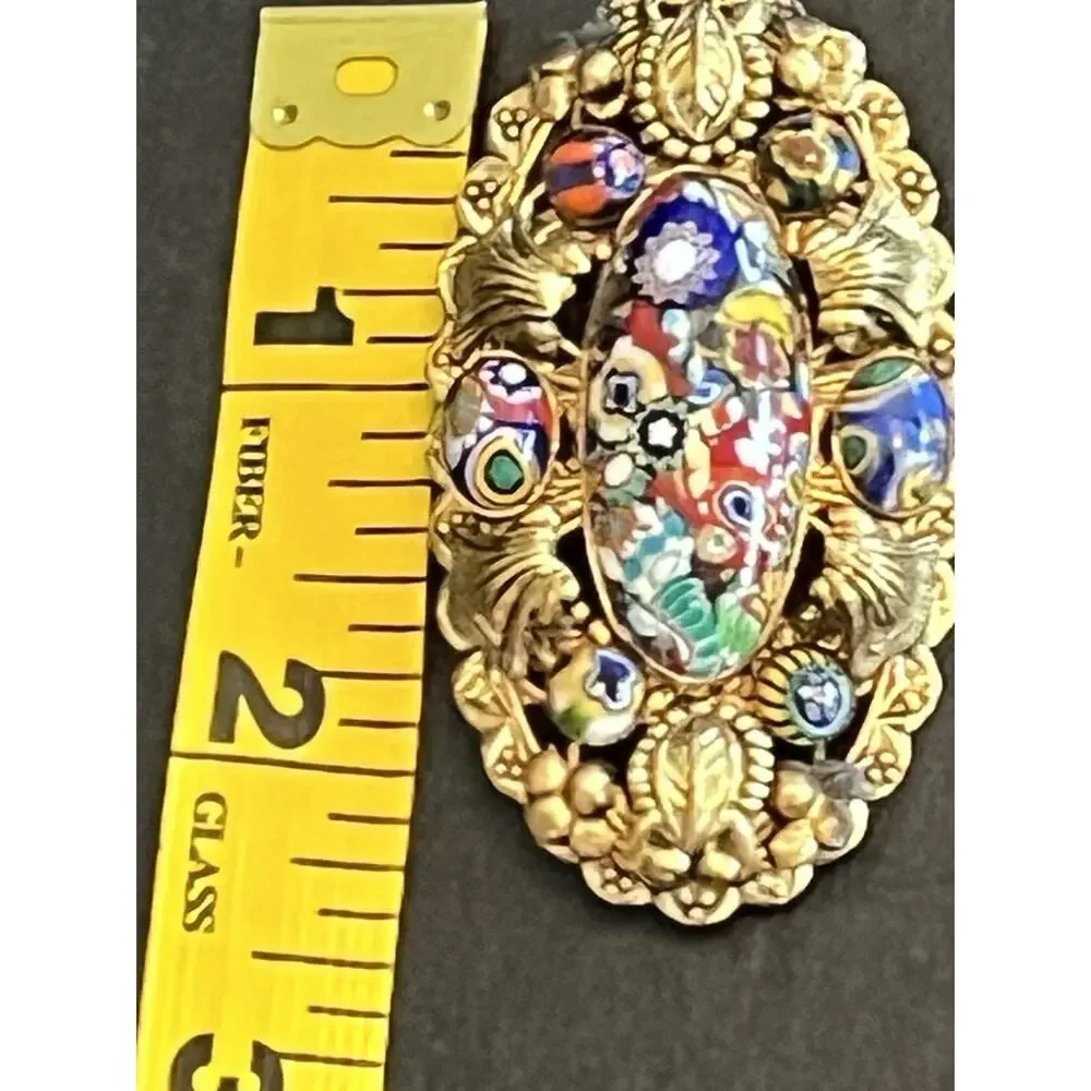 Vintage Millefiori Glass Cabuchon Brass Large Pin Brooch Gold Tone 2.5”